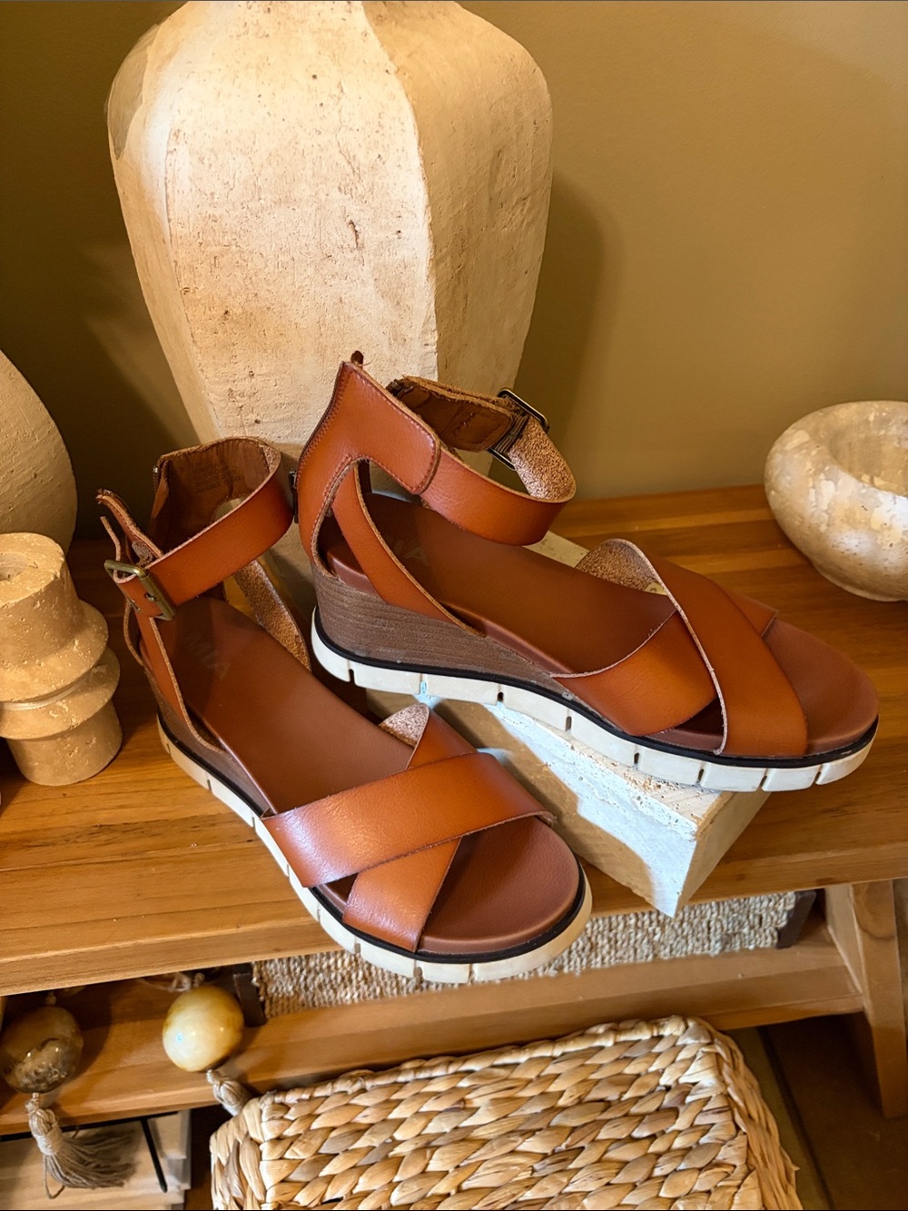 MIA Cognac Tan Wedge Sandals with Ankle Strap